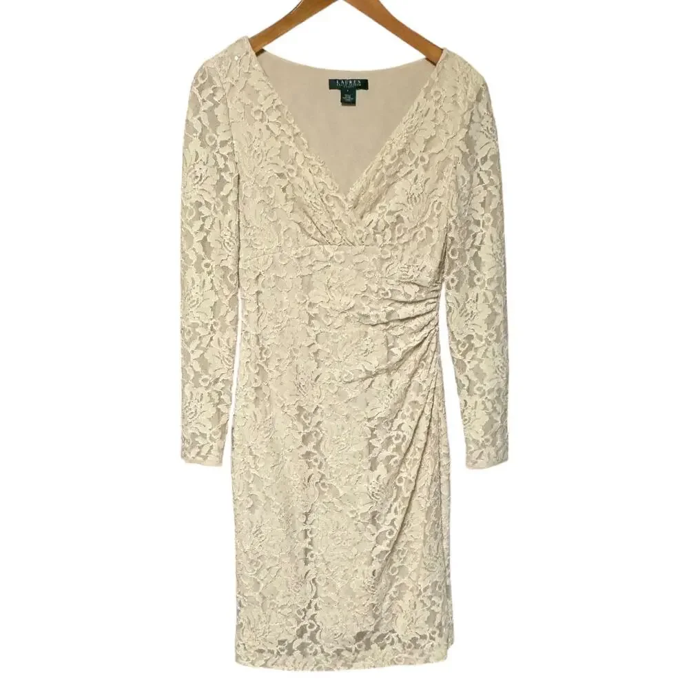 Lauren Ralph Lauren V-Neck Lace Long Sleeve Dress Cream 6